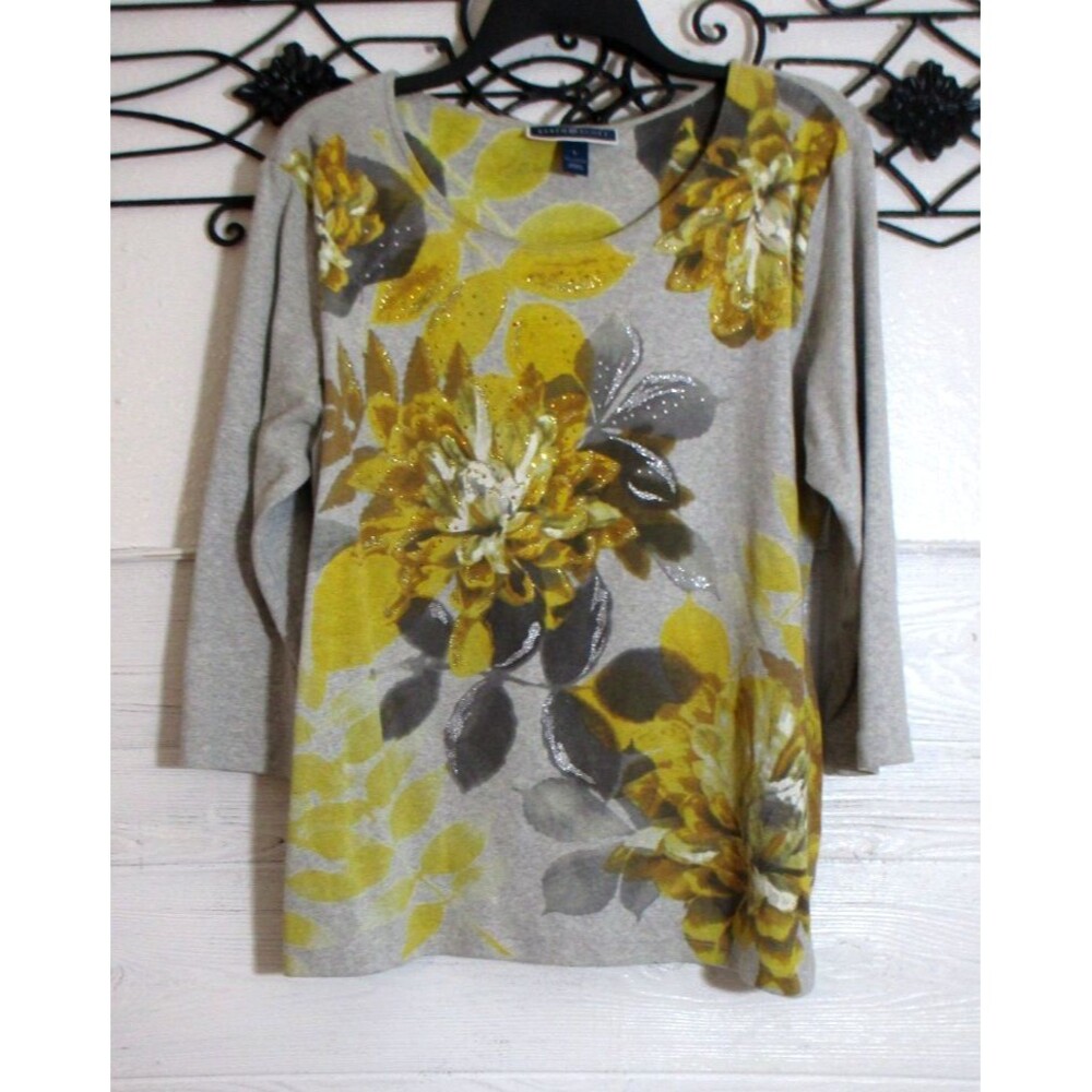 Karen Scott Knit Top Women's Size L Long Sleeve Multicolor Floral Round Neck